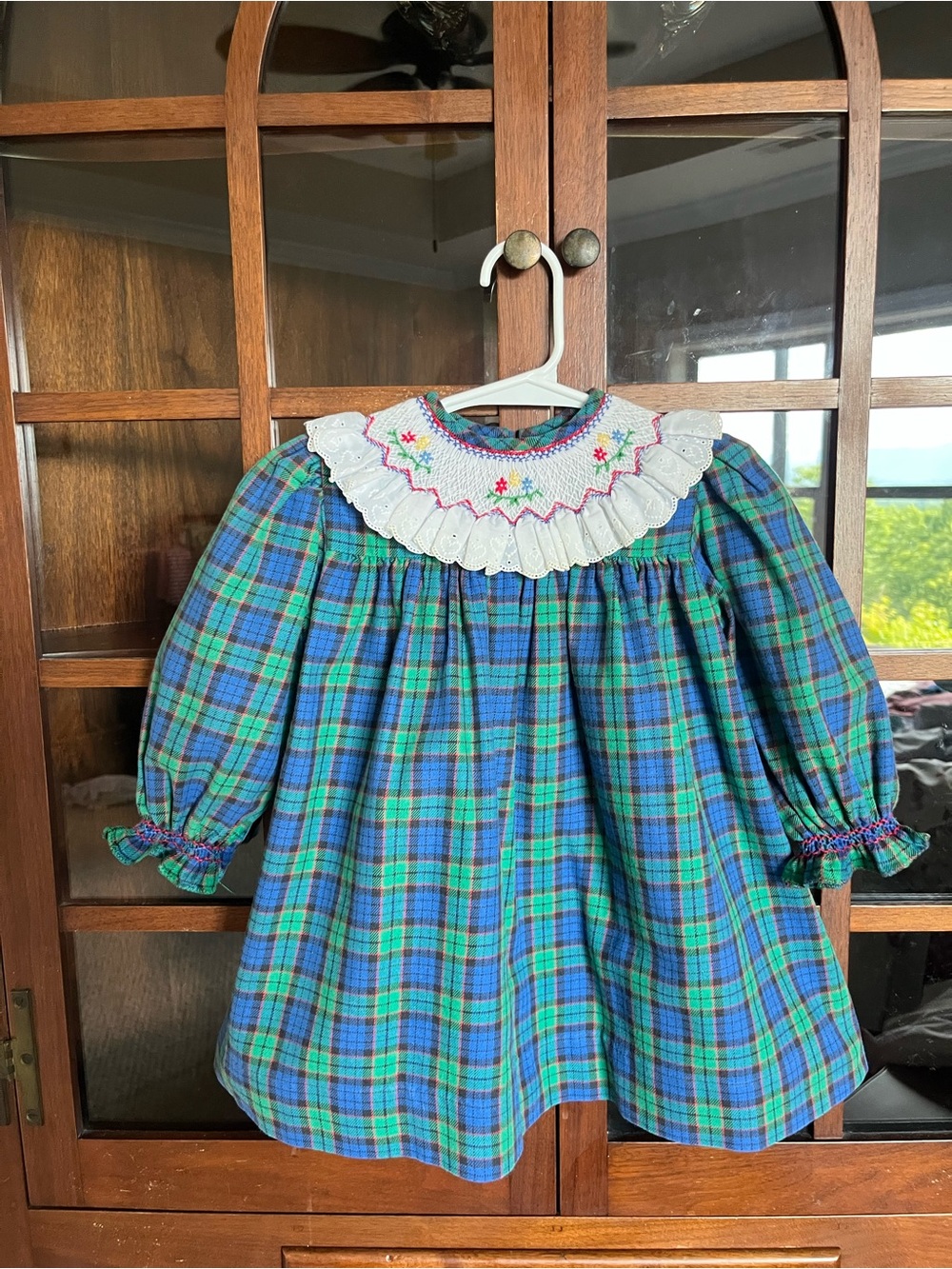 Blue and Green Plaid Smocked Kids Dress with White Lace Collar
